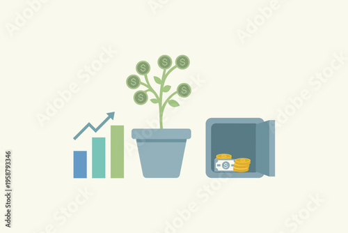 Financial Growth Concept With Money Plant, Investment Chart And Safe Representing Savings And Profit