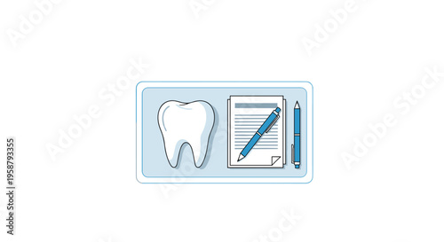 A white molar tooth, a document, and two blue pens are arranged on a light blue tray against a white background.