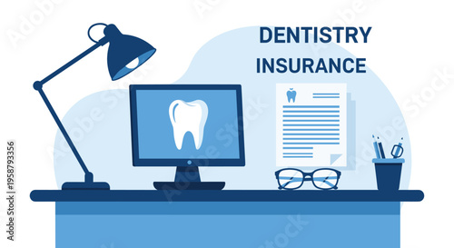 A desk with a computer, lamp, and Dentistry Insurance document is set against a blue background.