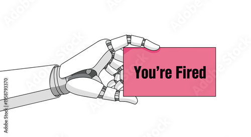A white robotic hand holds a pink card with You're Fired written in black text against a white background.