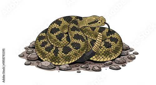 A coiled rattlesnake with a forked tongue rests on rocky ground against a plain white background.