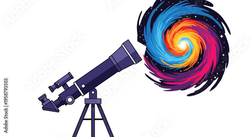 A dark blue telescope on a tripod observes a swirling, multicolored galaxy against a plain white background.