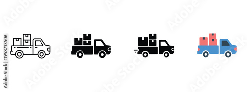 Pickup Truck Icon Sheet Multiple Style Collection Flat Outline Glyph Silhouette Icons Set Various Angles Transport Vehicle Symbol Vector Illustration Design Concept