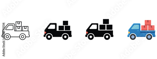 Pickup Truck Icon Sheet Multiple Style Collection Flat Outline Glyph Silhouette Icons Set Various Angles Transport Vehicle Symbol Vector Illustration Design Concept