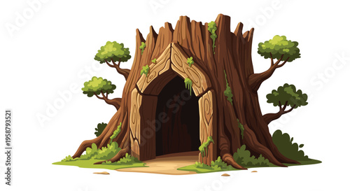 A whimsical tree stump house with an arched wooden door and green foliage stands on a small dirt path against a white background.