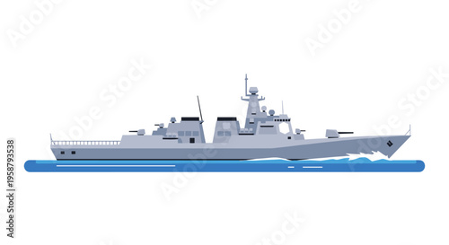 A gray warship sails on blue water with white waves against a plain white background.