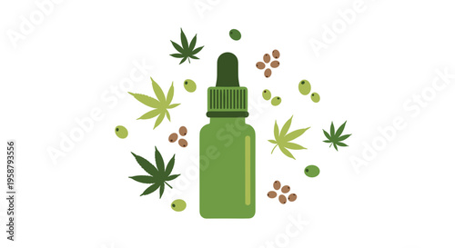 A green dropper bottle is surrounded by cannabis leaves, green berries, and brown seeds on a plain white background.