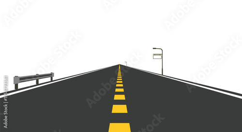 A long straight road with yellow dashed lines stretches into the distance under a vast white sky.