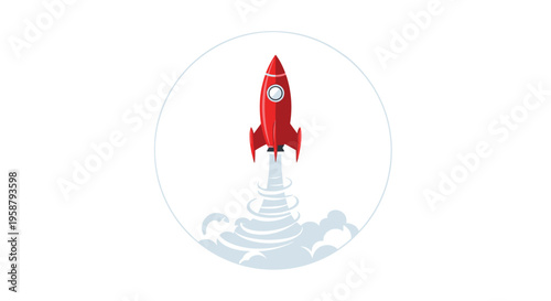 A red rocket is launching with a smoke trail inside a white circle on a clean white background.