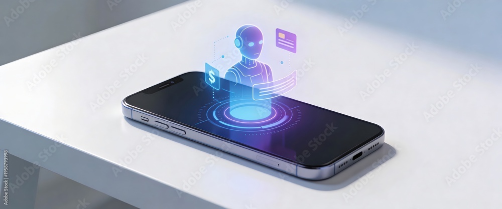 Fototapeta premium Holographic AI Assistant Appear from Phone for Digital Finance and Services Concept