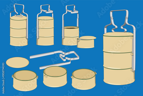 Tingkat containers are traditional, stacked metal lunchboxes from Southeast Asia. They have multiple tiers for different dishes, usually made of stainless steel and feature a handle for easy carrying.