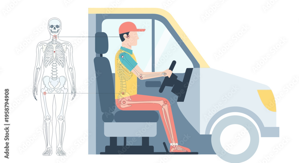 Fototapeta premium A delivery driver ensures safety while driving a van near a human skeleton model.