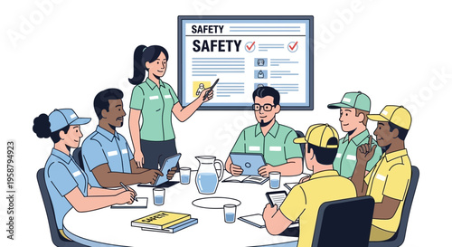 A woman leads a meeting on safety protocols with a delivery driver and team in an office setting.