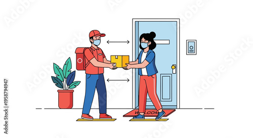 A delivery driver ensures safety while handing a package to a customer at the doorstep.