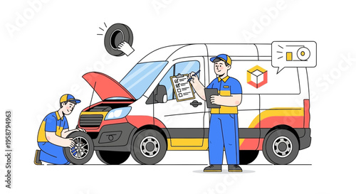 A driver ensures safety during vehicle delivery while a mechanic checks the tire.