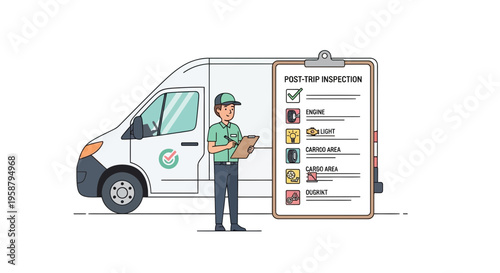 A delivery driver performs a safety inspection on a van.