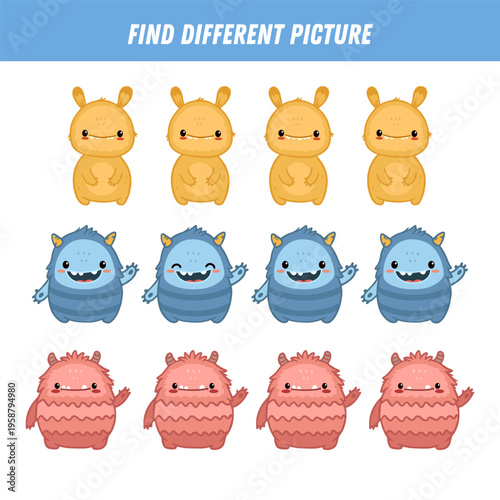 Find different monster each row. Logical game for kids. Cartoon monster. Flat illustration. Vector