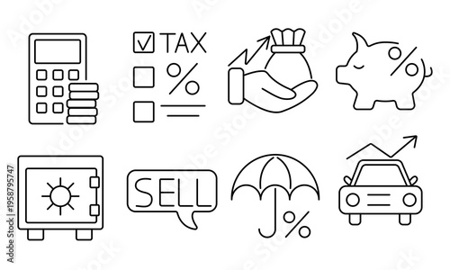 Icon set. Tax obligations and entitled deductions. Financial responsibility and planning. Linear vector style for app, web, class.