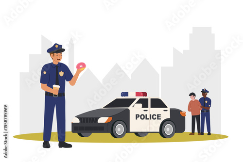 Police officer job done. One police officer leads arrested person to car, another officer ready for coffee break.