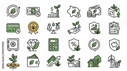 Net Zero web icons in line style. Green finance, carbon credits, and ethical investment collection. Ultra-minimalist symbols for fintech apps, ESG reports, and carbon market dashboards. Clean black an