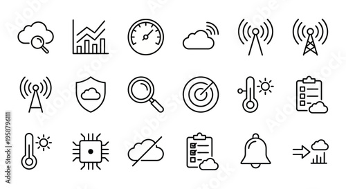 Net Zero web icons in line style. CO2 emissions tracking, environmental sensors, and data monitoring collection. Ultra-minimalist symbols for climate dashboards, carbon footprint apps, and environment