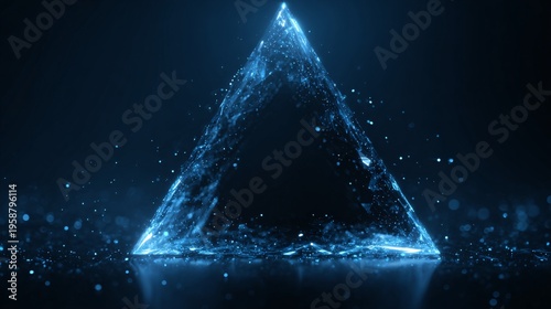 Glowing blue digital triangle with abstract particle effects on dark background