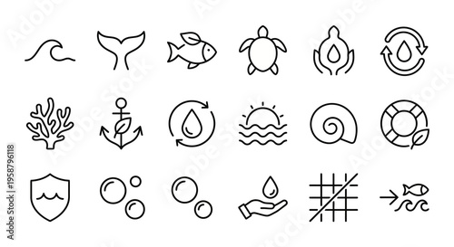 Net Zero web icons in line style. Ocean conservation, marine biodiversity, and blue economy collection. Ultra-minimalist symbols for maritime NGOs, ocean tracking apps, and sustainable blue business d