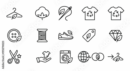 Net Zero web icons in line style. Sustainable fashion, eco-textiles, and slow fashion collection. Ultra-minimalist symbols for eco-fashion brands, sustainable clothing apps, and textile innovation das