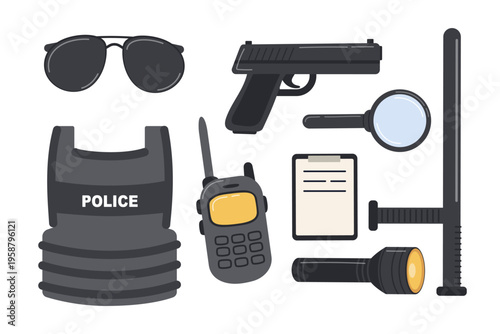 Police officer equipment and gear. For city service. For detaining criminals. Protection, communication and other gear.