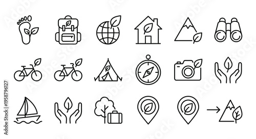 Net Zero web icons in line style. Sustainable tourism, ecotourism, and green travel collection. Ultra-minimalist symbols for eco-resorts, travel guide apps, and responsible tourism dashboards. Clean b