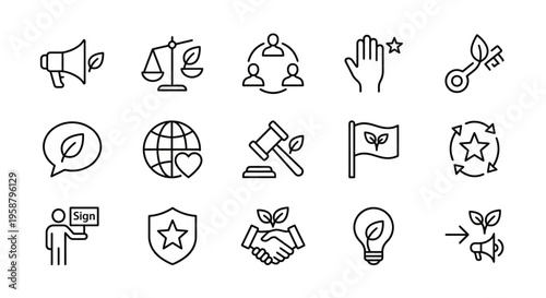 Net Zero web icons in line style. Climate justice, environmental activism, and advocacy collection. Ultra-minimalist symbols for NGOs, social impact reports, and ecological movements. Clean black and 