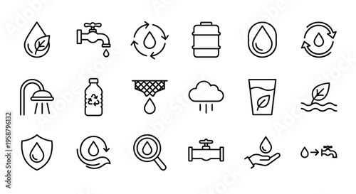 Net Zero web icons in line style. Water management, conservation, and resource efficiency collection. Ultra-minimalist symbols for utility apps, sustainability dashboards, and eco-friendly plumbing se