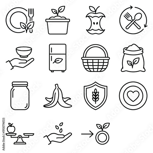 Net Zero web icons in line style. Food security, zero waste, composting, and food sharing collection. Ultra-minimalist symbols for food apps, social impact dashboards, and sustainable kitchen branding