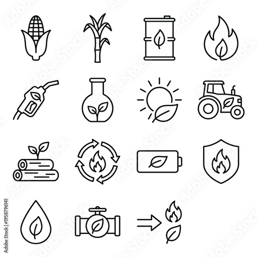 Net Zero web icons in line style. Biofuels, bioenergy, ethanol, and biomass collection. Ultra-minimalist symbols for renewable energy platforms, agritech dashboards, and bio-fuel branding. Clean black