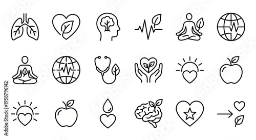 Net Zero web icons in line style. Planetary health, eco-wellness, and nature-human connection collection. Ultra-minimalist symbols for health-tech apps, sustainability reports, and wellness dashboards