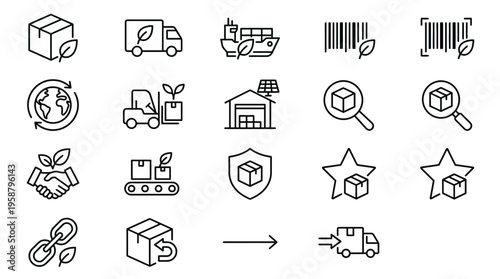 Net Zero web icons in line style. Green supply chain, logistics carbon tracking, and sustainable shipping collection. Ultra-minimalist symbols for supply chain dashboards, logistics apps, and eco-deli