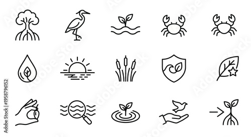 Net Zero web icons in line style. Mangrove restoration, wetlands, and blue carbon ecosystem collection. Ultra-minimalist symbols for coastal conservation apps, environmental NGOs, and carbon sequestra