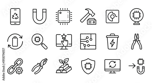 Net Zero web icons in line style. Urban mining, e-waste recycling, and rare metal recovery collection. Ultra-minimalist symbols for circular economy apps, tech recycling dashboards, and green electron