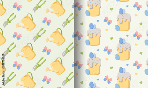 A vibrant split seamless pattern combining gardening elements on one side and festive Easter treats on the other, filled with butterflies, cakes, eggs, and hearts for a joyful spring feel