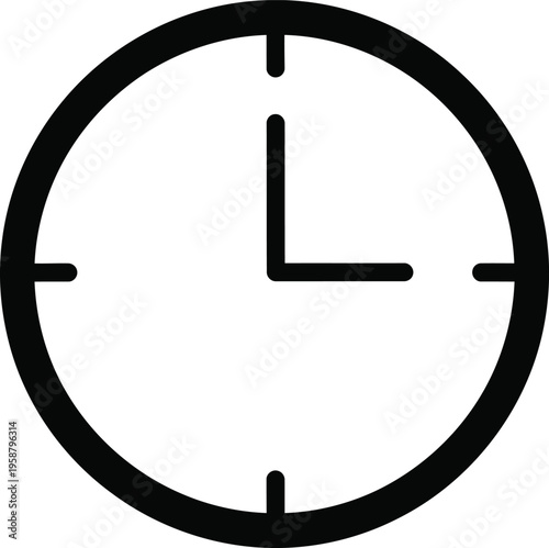 A minimalist black and white outline icon representing a simple analog clock showing three o clock Vector