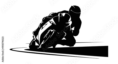 Motorcyclist in racing gear crouches on a track speeding through a turn intense action scene