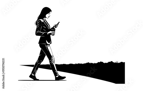 Woman walks alone on a path lost in thought holding a book with a long shadow behind her