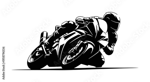 Motorcyclist in racing gear speeds along on a sleek bike leaning into a sharp turn on a white background