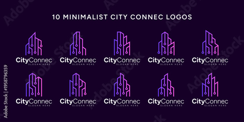 Bundled logo set with minimalist city and technology connectivity theme