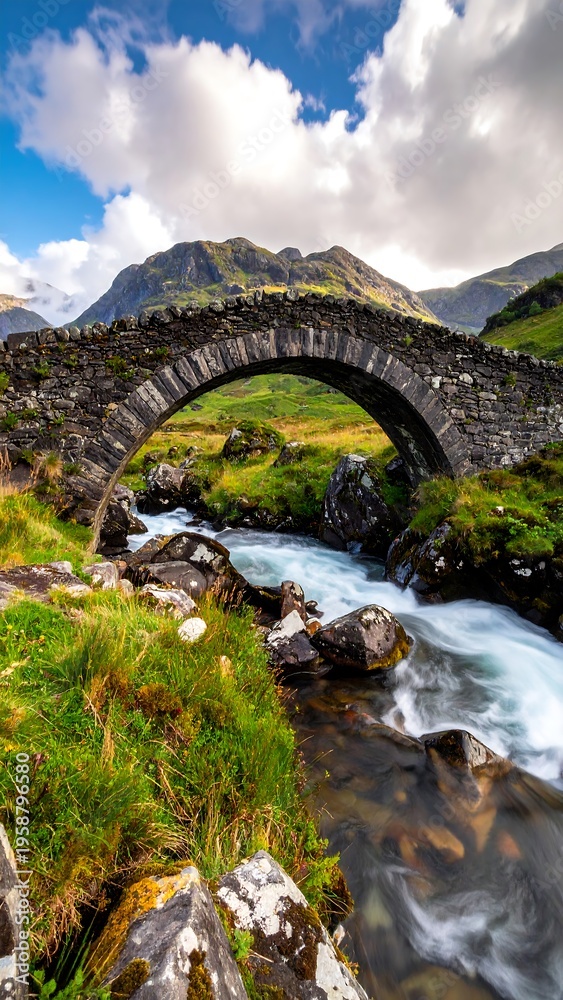 Fototapeta premium Stone bridge arches over a river with mountain backdrop under a partially cloudy sky