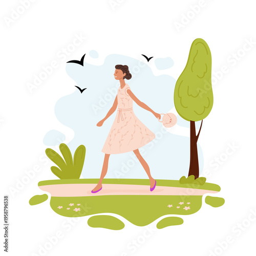 Cheerful girl hurries along path surrounded by green grass and flowers, in light dress in great mood. Flat vector illustration