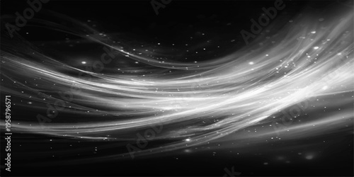 ethereal abstract design of swirling lines and particles, creating a sense of dynamic movement and cosmic wonder in monochromatic aesthetics.