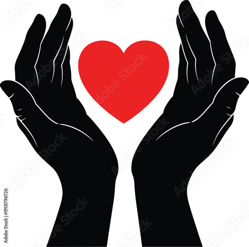 A pair of black silhouette hands gently cupping a bright red heart on a clean white background Vector