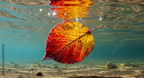 Vivid Autumn Leaf Suspended Underwater with Ripples and Reflections