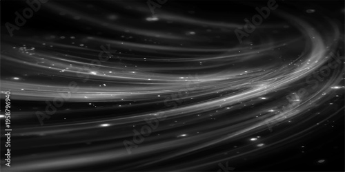 swirling ribbons of light against a stark, black backdrop, creating a mesmerizing abstract art. Capturing the elegance of motion, light play, and energy.